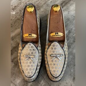 Belgian Shoes Midinette Slipper Champagne Textile Silver Dots Loafer 5 $750 Bow